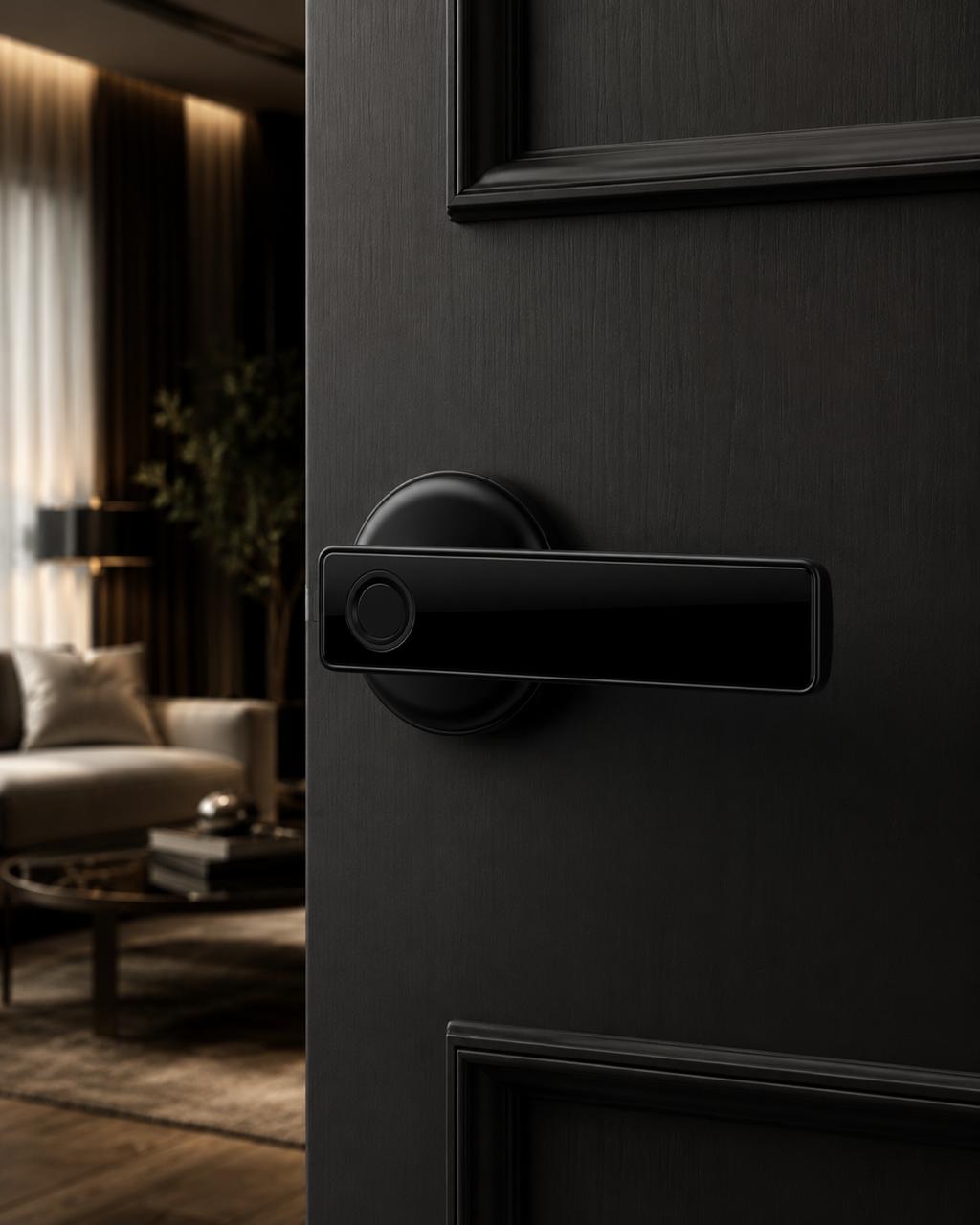 מנעול SafeKey Pro על דלת שחורה בסלון מעוצב