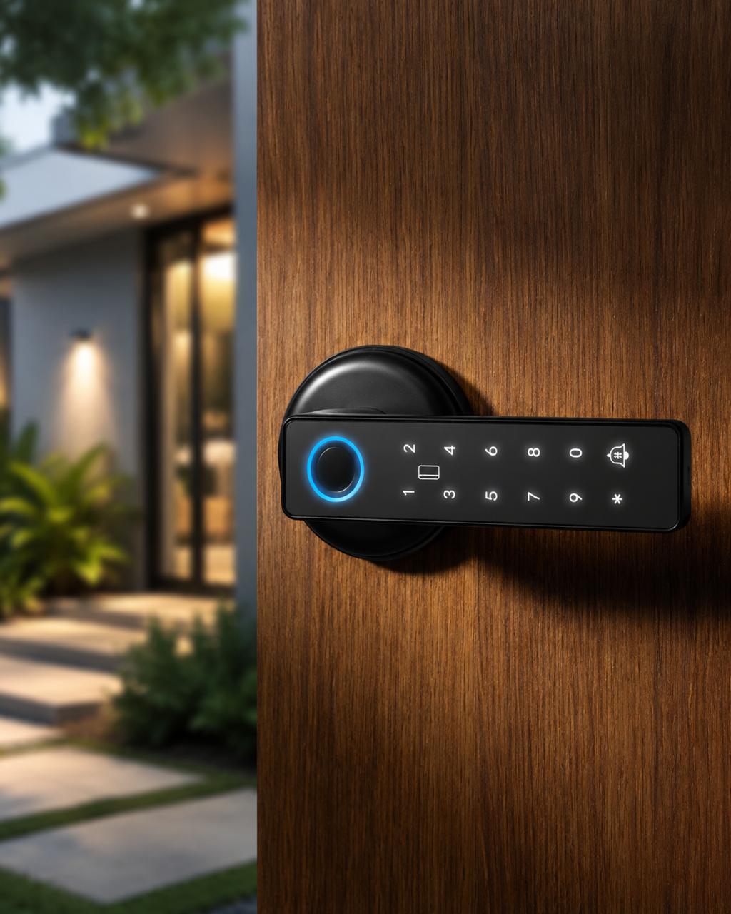 מנעול SafeKey Pro מותקן על דלת עץ בכניסה לבית